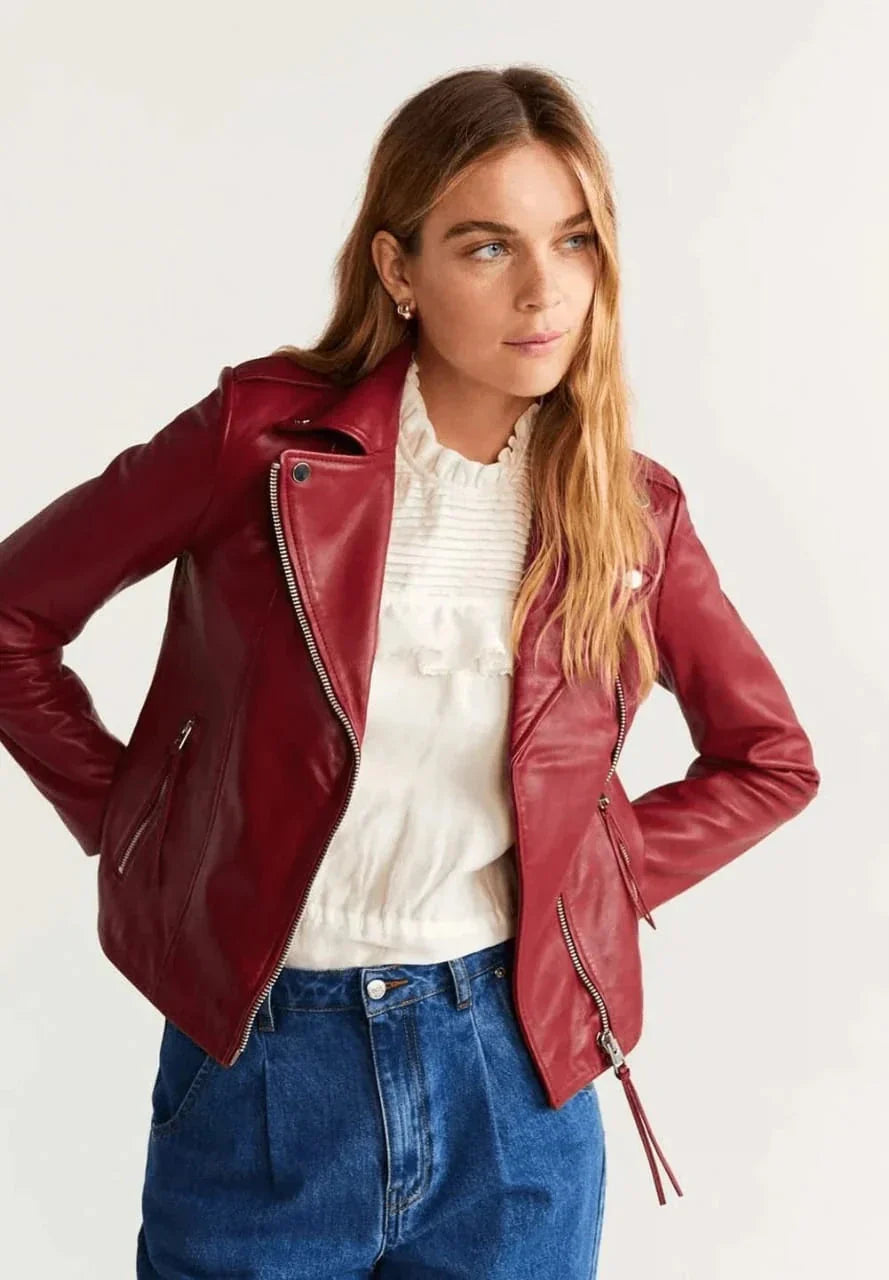 Red Slim Outerwear Biker Leather Jacket Zing Apparel