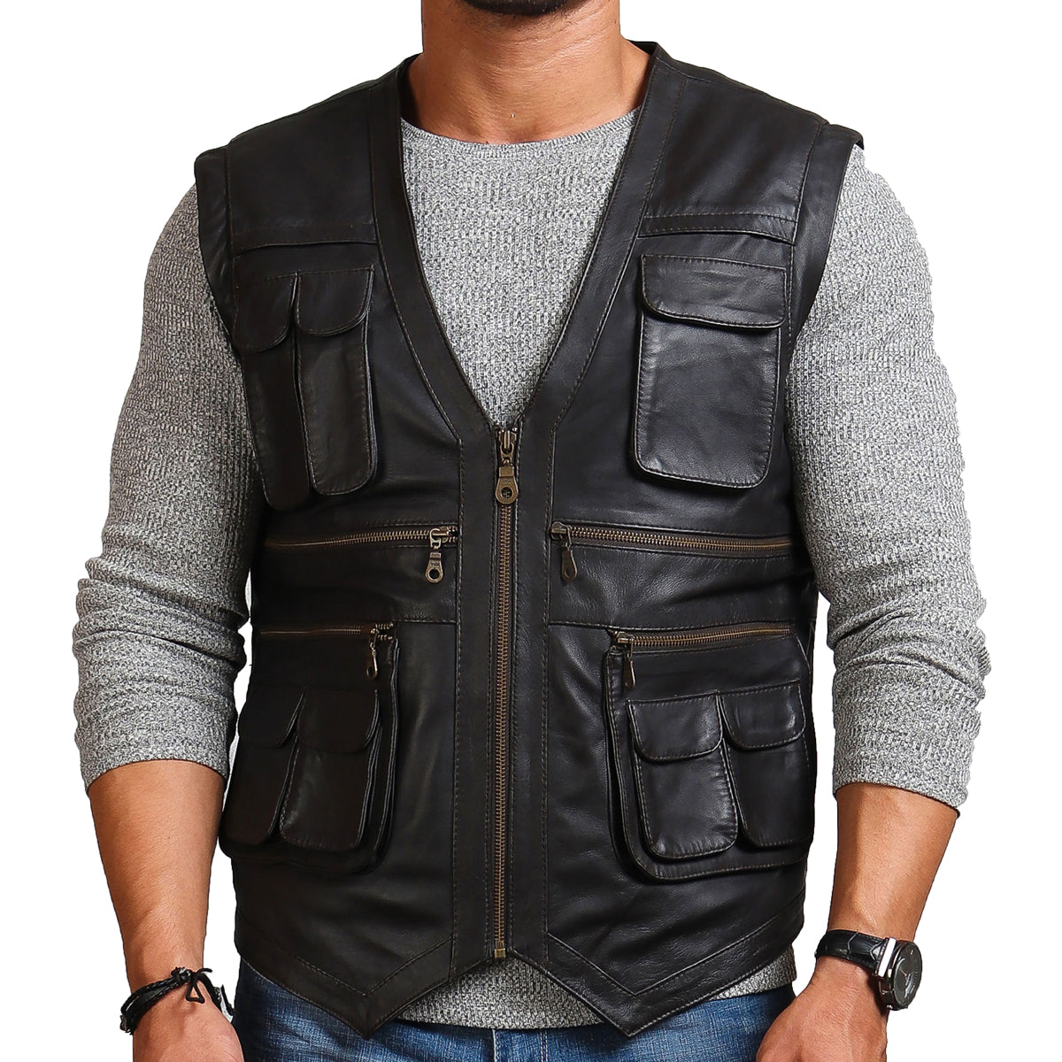 Safari Black Leather Vest Men, Sleeveless Zing Apparel