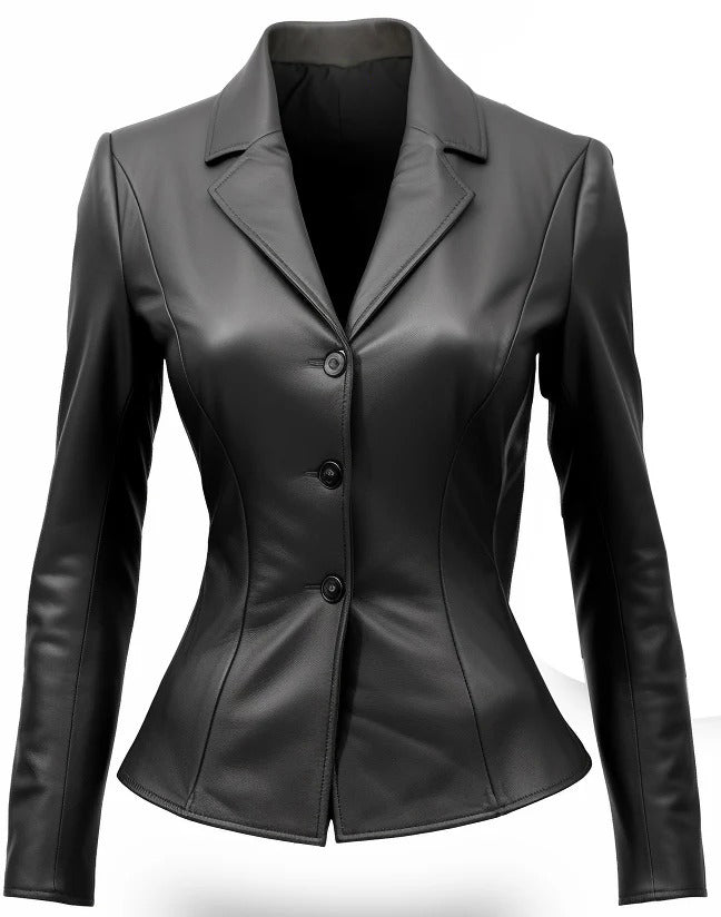 Fitted Black Leather Women Coat Blazer Zing Apparel