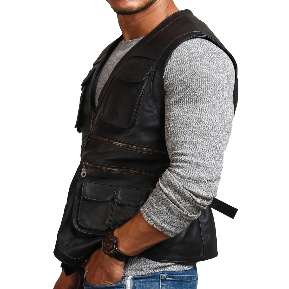 Safari Black Leather Vest Men, Sleeveless Zing Apparel