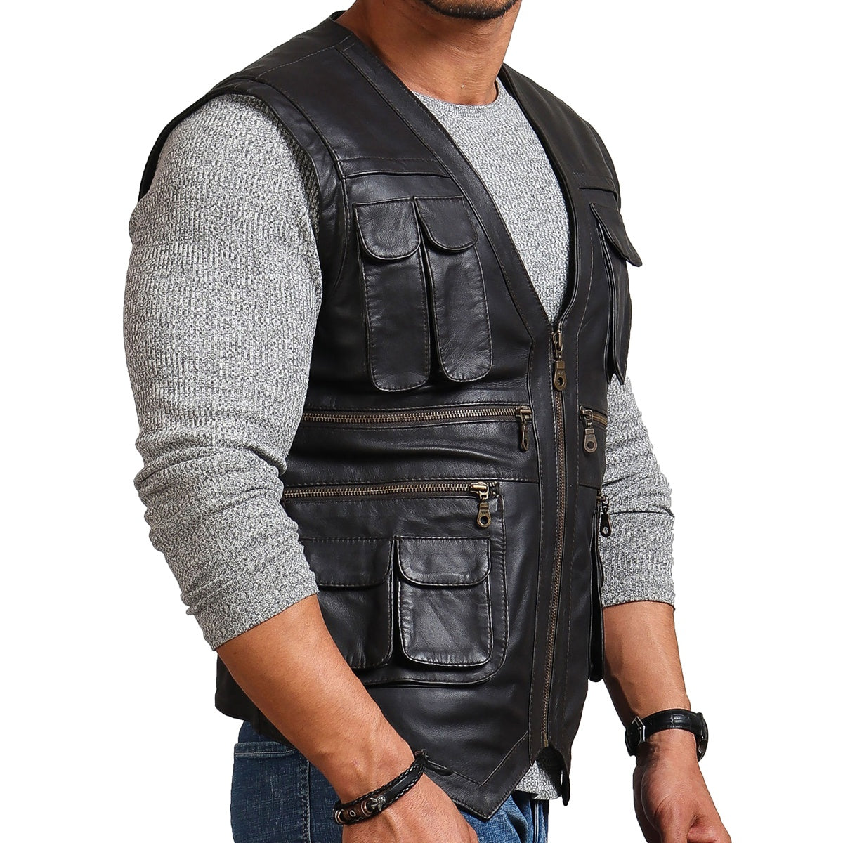 Safari Black Leather Vest Men, Sleeveless Zing Apparel