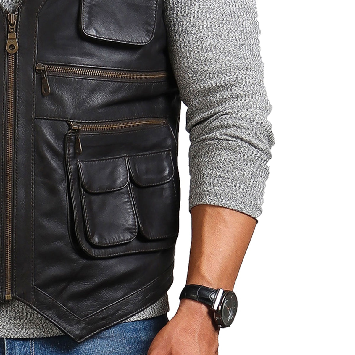 Safari Black Leather Vest Men, Sleeveless Zing Apparel
