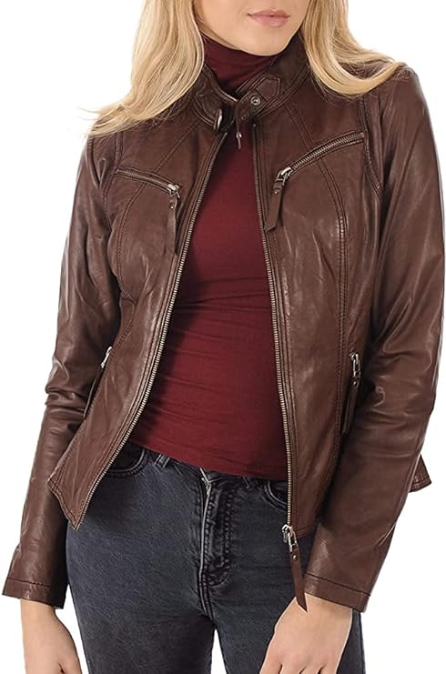 ROXA Trendy Women's Zip Up Genuine Biker Jacket Zing Apparel