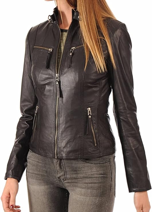 ROXA Trendy Women's Zip Up Genuine Biker Jacket Zing Apparel