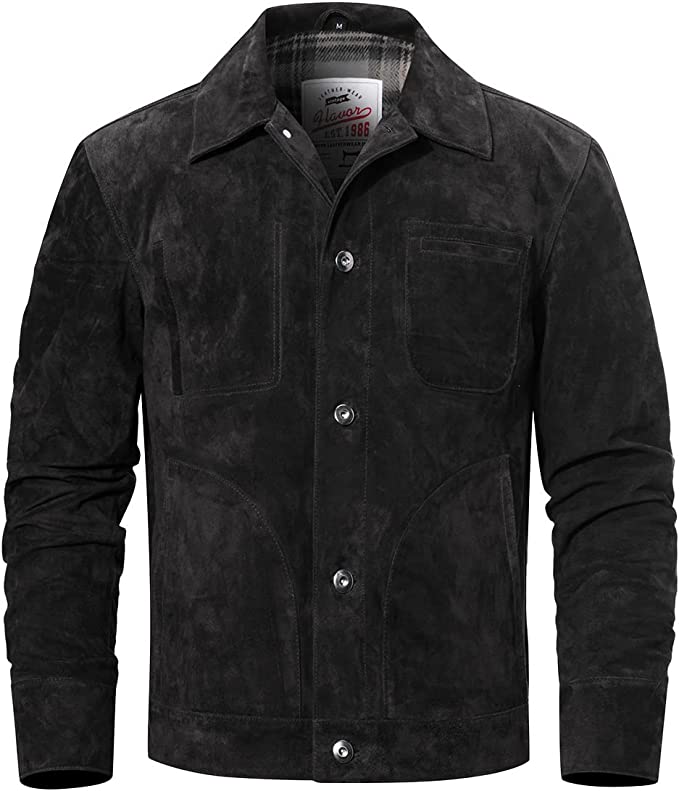 Trucker Suede Leather Jacket Men, Black Zing Apparel