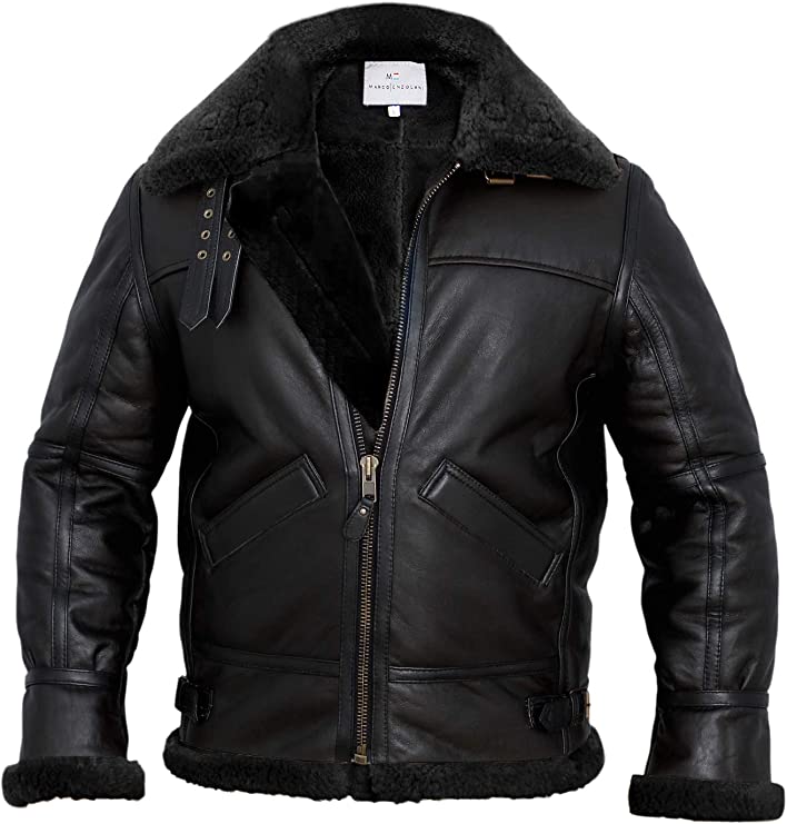Flight Pilot Shearling Leather Jacket, Black Zing Apparel