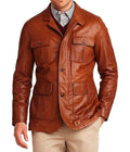 Tan Leather Blazer Men with Button Zing Apparel