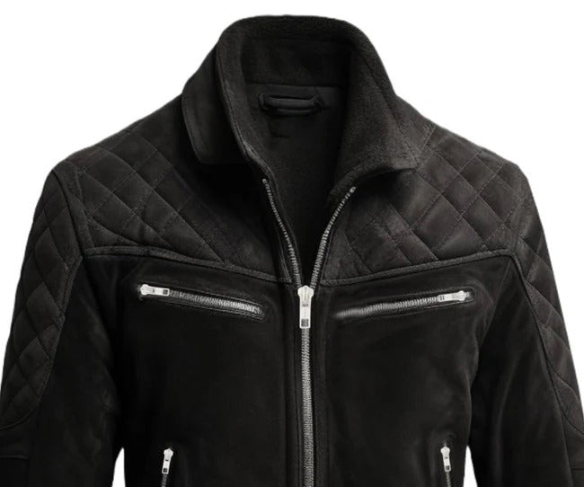 Men Quilted Biker Black Suede Leather Jacket Zing Apparel