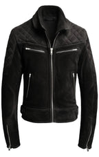 Men Quilted Biker Black Suede Leather Jacket Zing Apparel