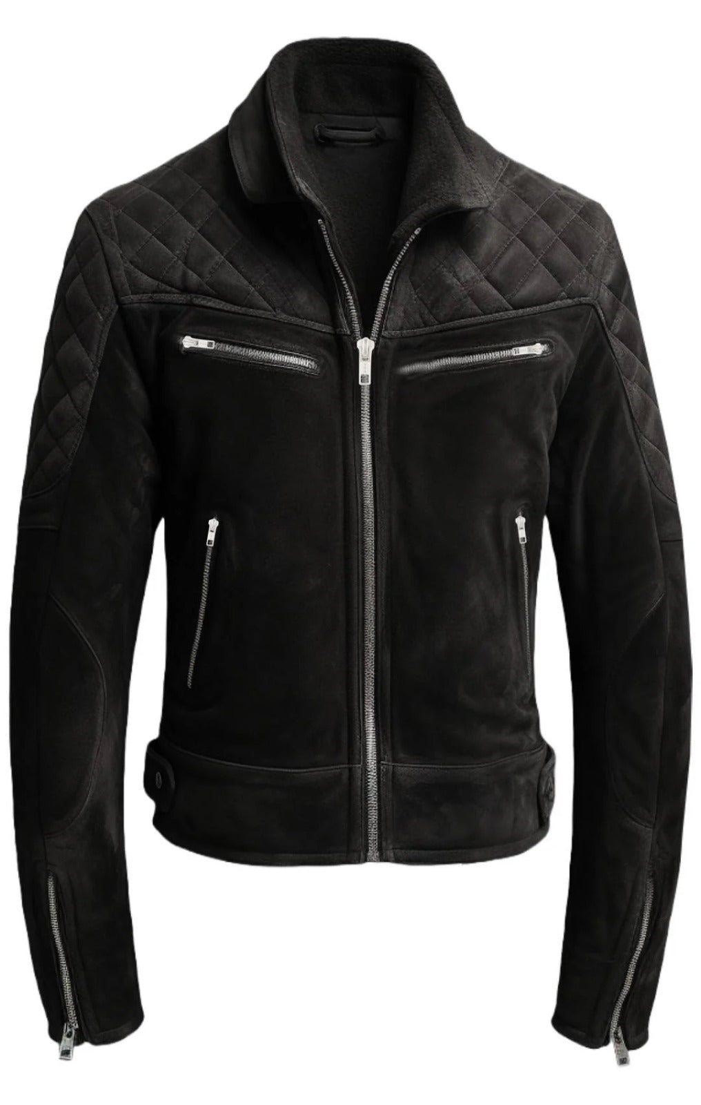 Men Quilted Biker Black Suede Leather Jacket Zing Apparel