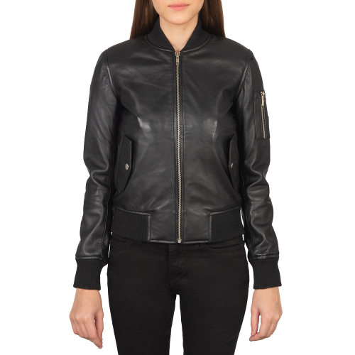 A person wearing the Zing Apparel Ava Ma-1 Leather Bomber Jacket for women in black and black pants stands facing forward with arms relaxed at their sides against a plain white background.