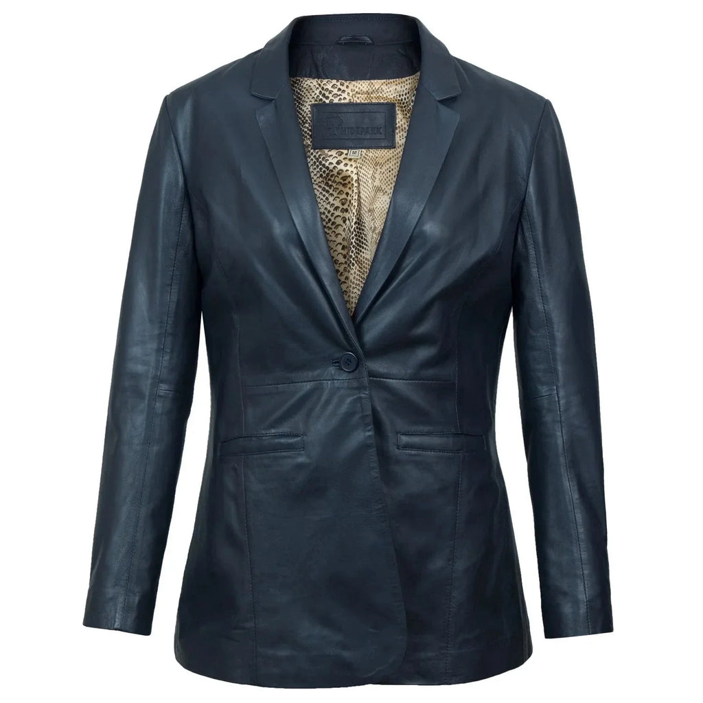 Stylish Fitted Leather Blazer Women Blue Zing Apparel