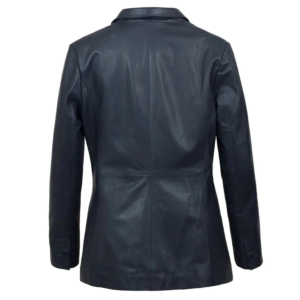 Stylish Fitted Leather Blazer Women Blue Zing Apparel