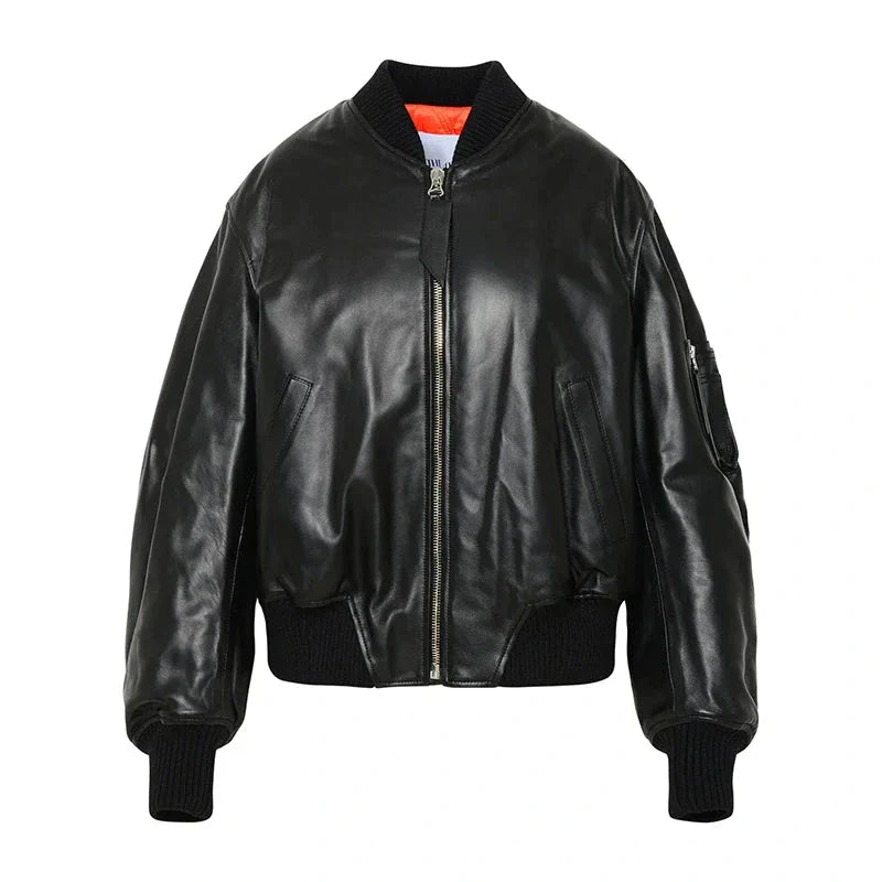 McQueen Leather Bomber Jacket Women, Black Zing Apparel