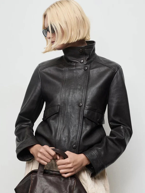 Black High Neck Leather Jacket Sale