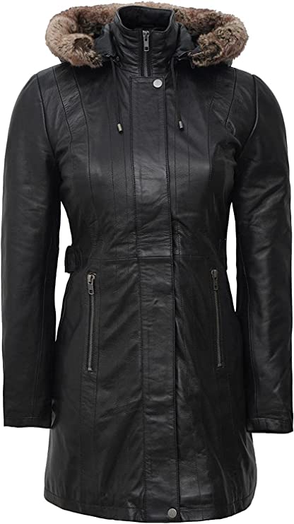 Black Leather Coat with Shearling Hood
