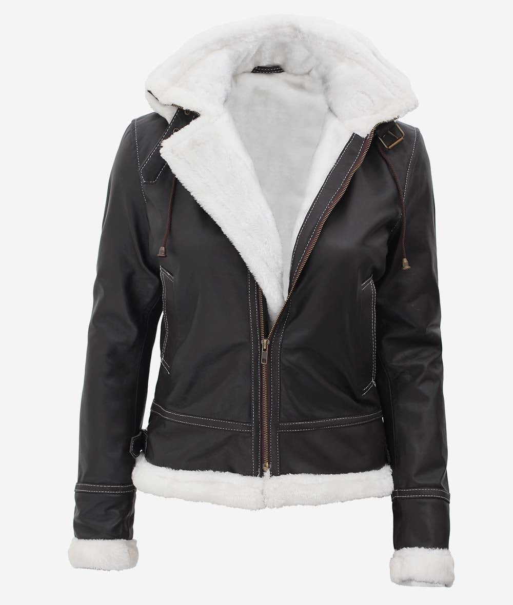 Black Leather Shearling Jacket For Women With Hood For Sale