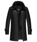 Black Leather Shearling 3/4 Length Coat with Fur Collar Zing Apparel