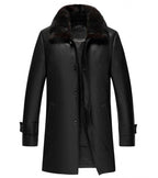 Black Leather Shearling 3/4 Length Coat with Fur Collar Zing Apparel
