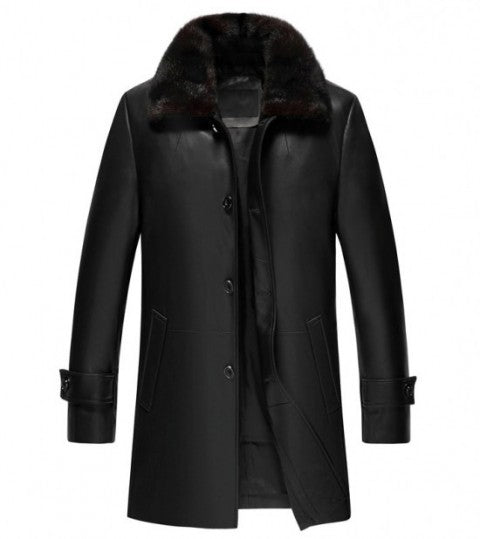 Black Leather Shearling 3/4 Length Coat with Fur Collar Zing Apparel