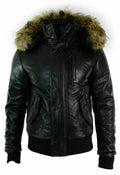 Black Shearling Leather Jacket with Fur Hood