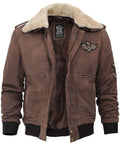 Brown Leather Shearling Collar Bomber Jacket Zing Apparel
