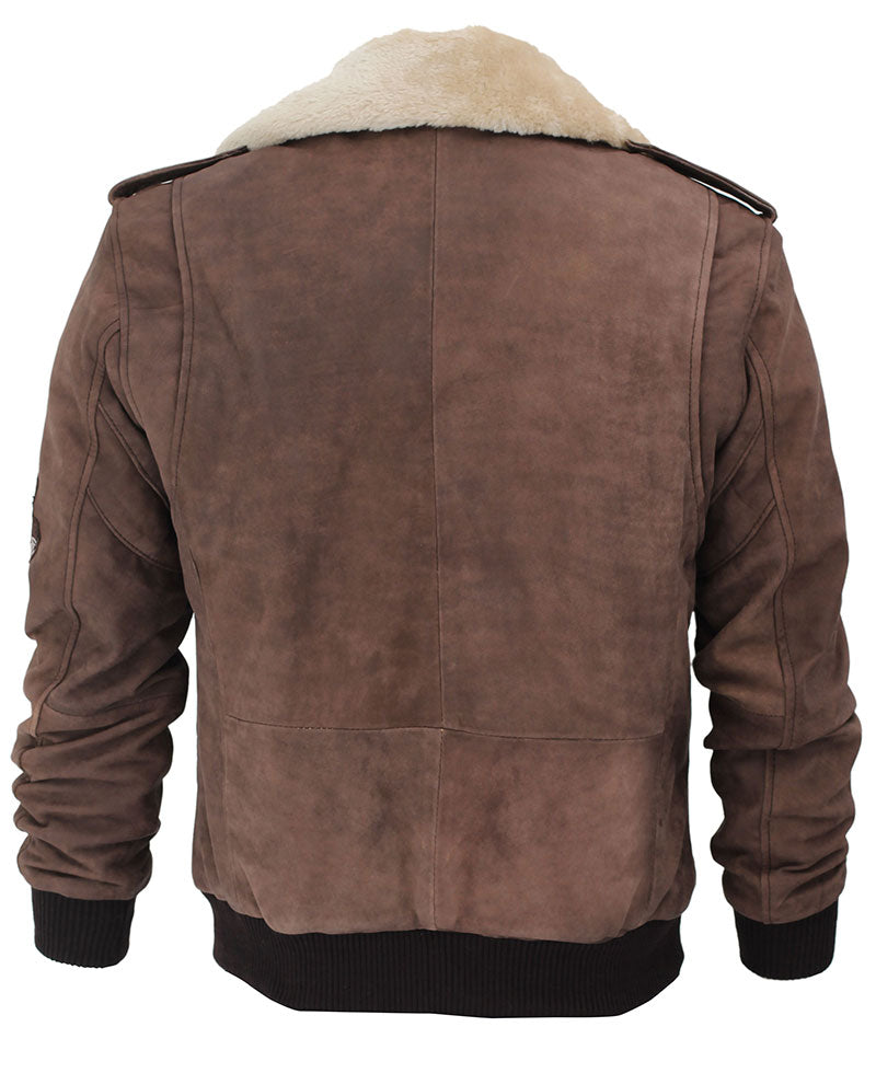 Brown Leather Shearling Collar Bomber Jacket Zing Apparel