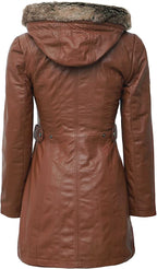 Brown Leather Coat with Shearling Hood