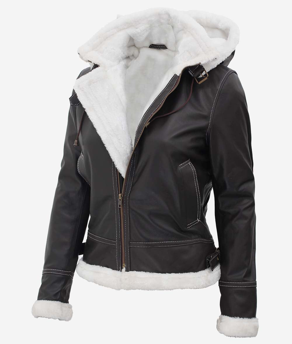 Buy Black Leather Shearling Jacket For Women With Hood
