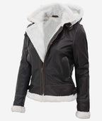 Buy Black Leather Shearling Jacket For Women With Hood