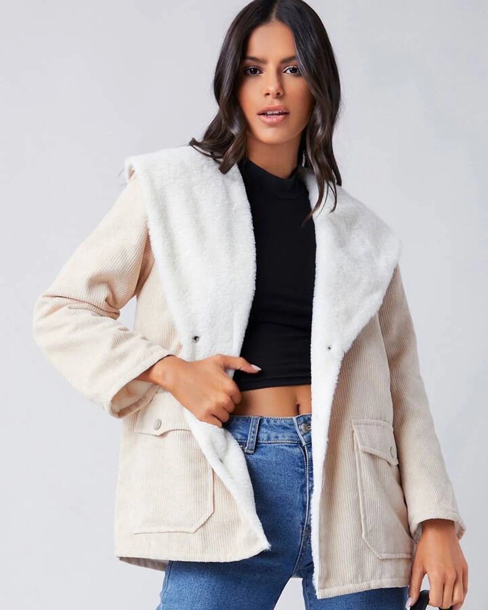 Contrast-Teddy-Collar-Flap-Pocket-Cord-Jacket