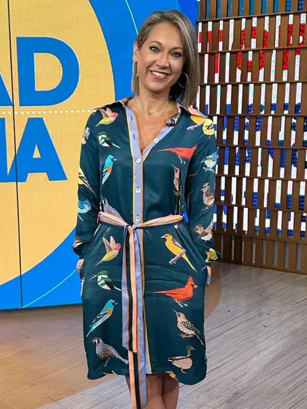 Good Morning America 2026 Ginger Zee Blue Bird Print Shirt