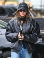 Hailey Bieber Black Bomber Leather Jacket Buy