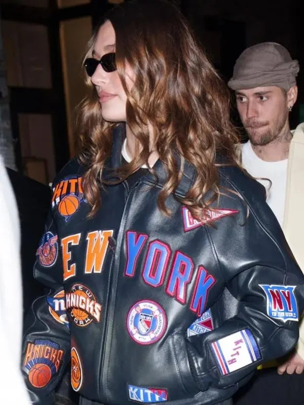 Hailey Bieber New York Knicks Leather Jacket