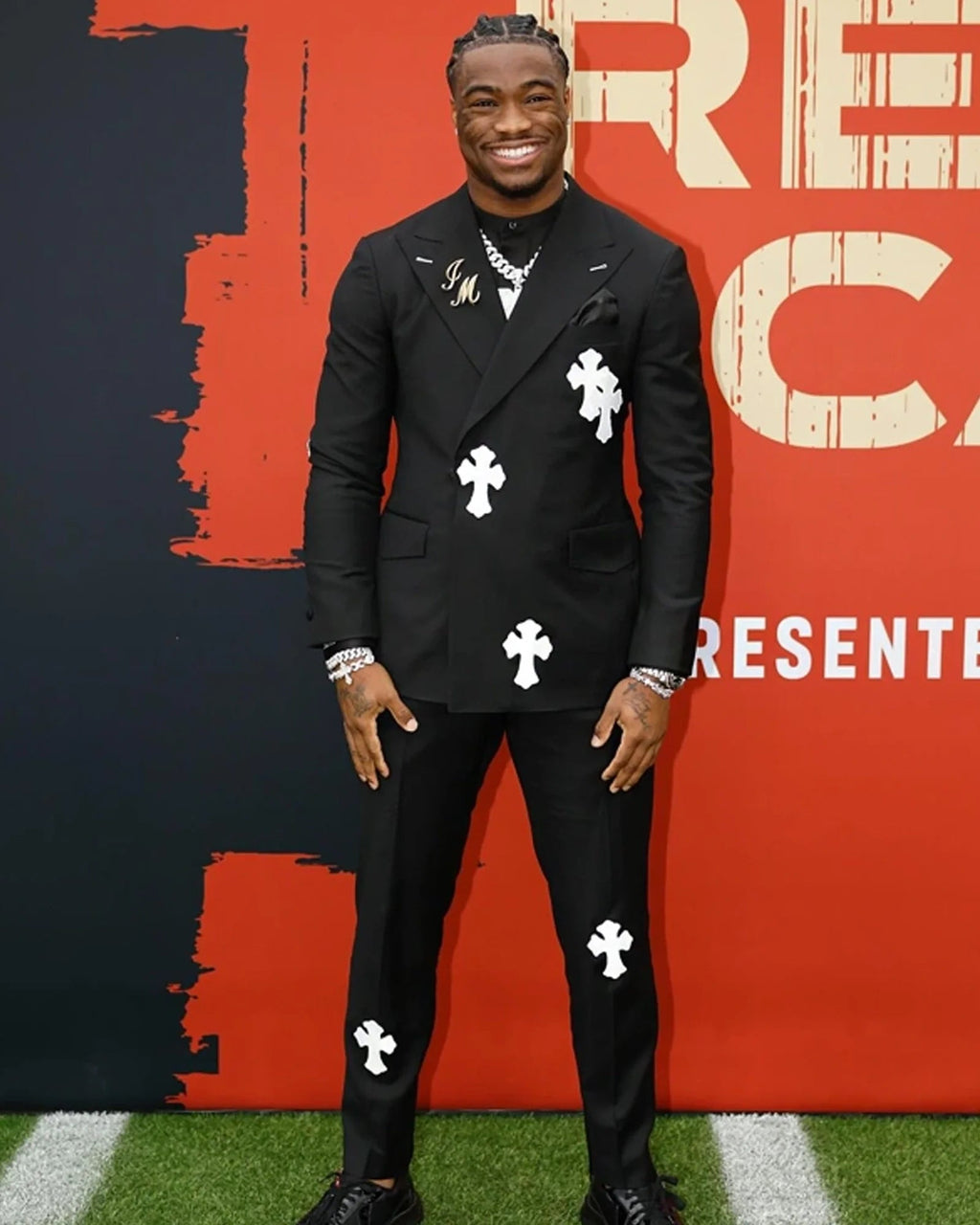 Jalen-Milroe-Red-Carpet-2025-Chrome-Hearts-Suit