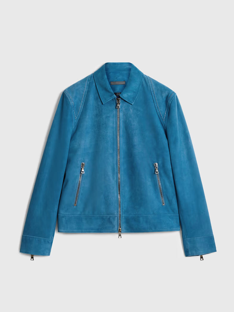 John Varvatos blue suede jacket front view