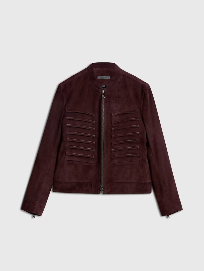 John Varvatos suede bomber jacket front view
