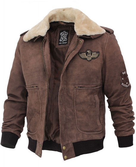 Brown Leather Shearling Collar Bomber Jacket Zing Apparel