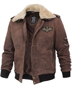 Brown Leather Shearling Collar Bomber Jacket Zing Apparel
