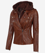Women Leather Jacket With Hood Cognac Zing Apparel