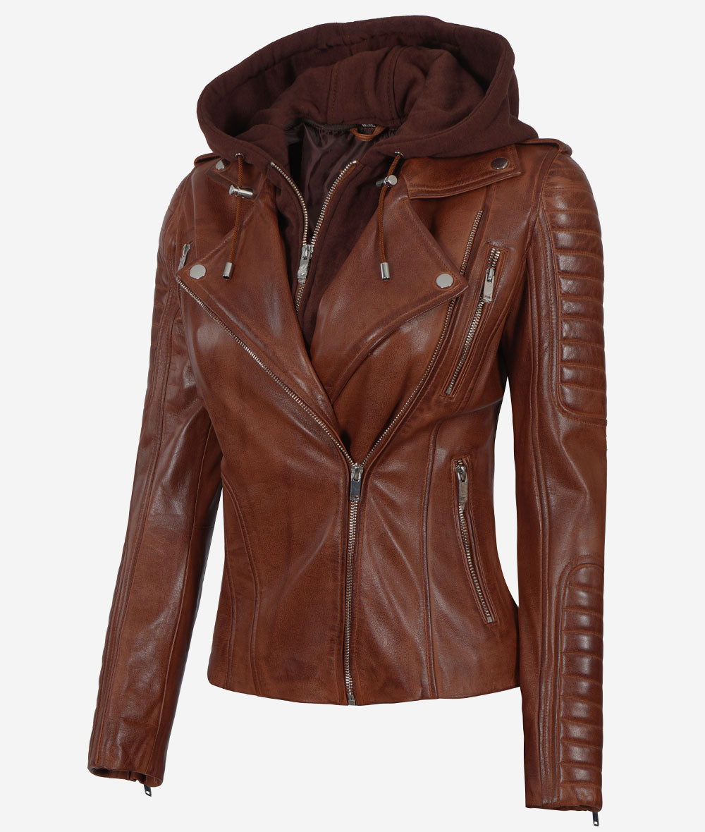 Women Leather Jacket With Hood Cognac Zing Apparel
