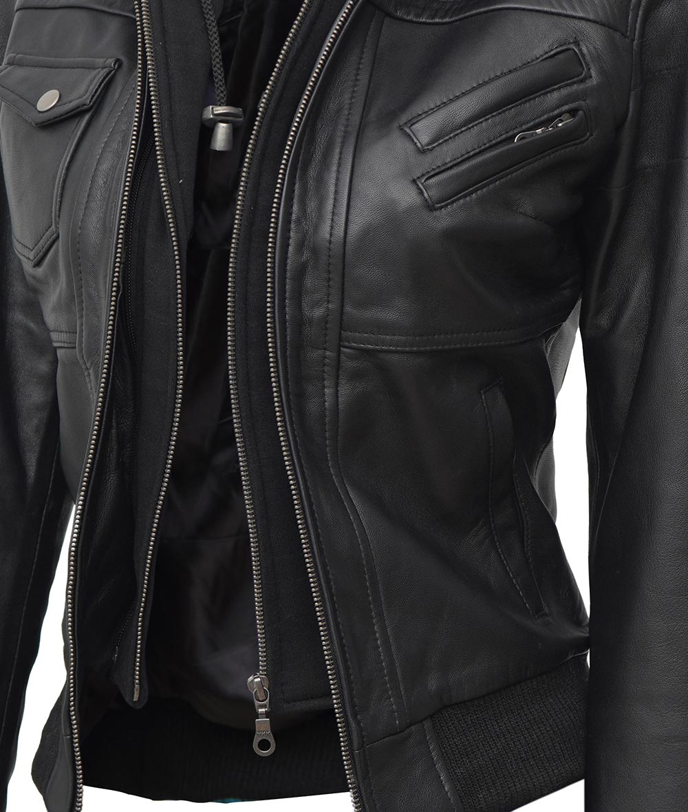 Women Leather Jacket With Hood Burgh Zing Apparel