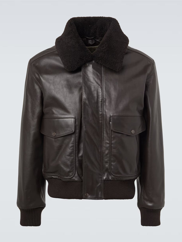 Lemaire-Brown-Shearling-Collar-Leather-Jacket