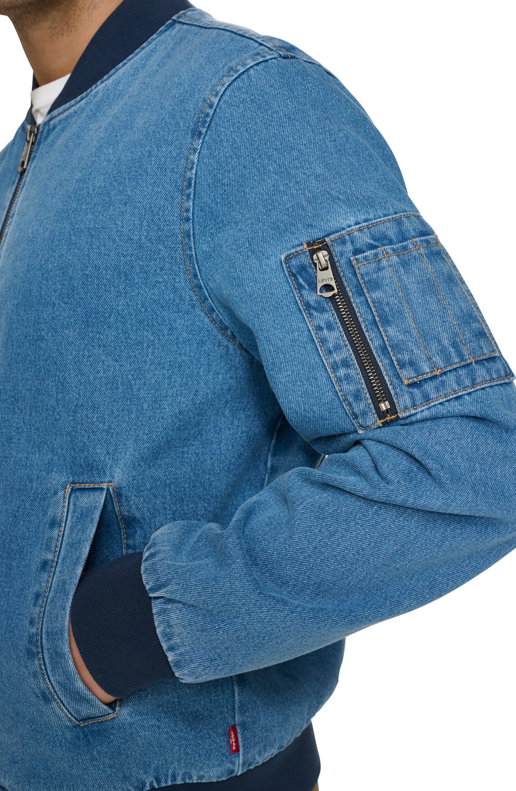 Levi's blue denim bomber jacket side view