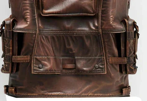 Men Distressed Brown Military Style Leather Vest Zing Apparel