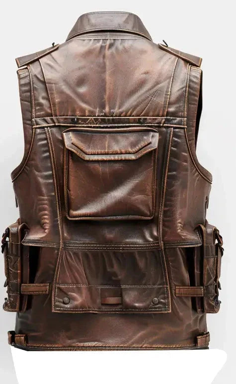 Men Distressed Brown Military Style Leather Vest Zing Apparel