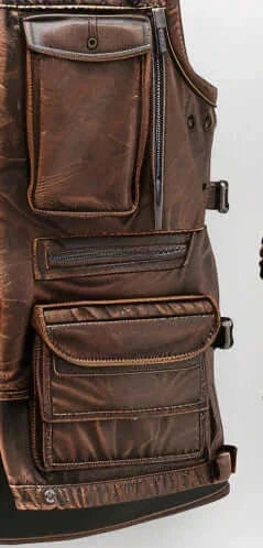 Men Distressed Brown Military Style Leather Vest Zing Apparel