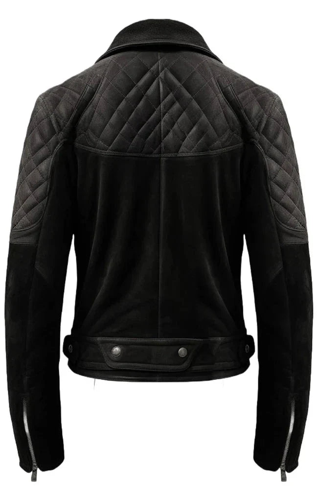 Men Quilted Biker Black Suede Leather Jacket Zing Apparel