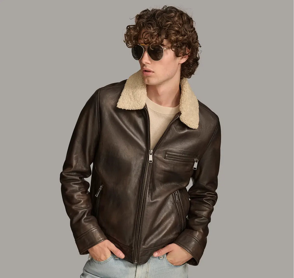Men Shearling Zip Up Collar Jacket