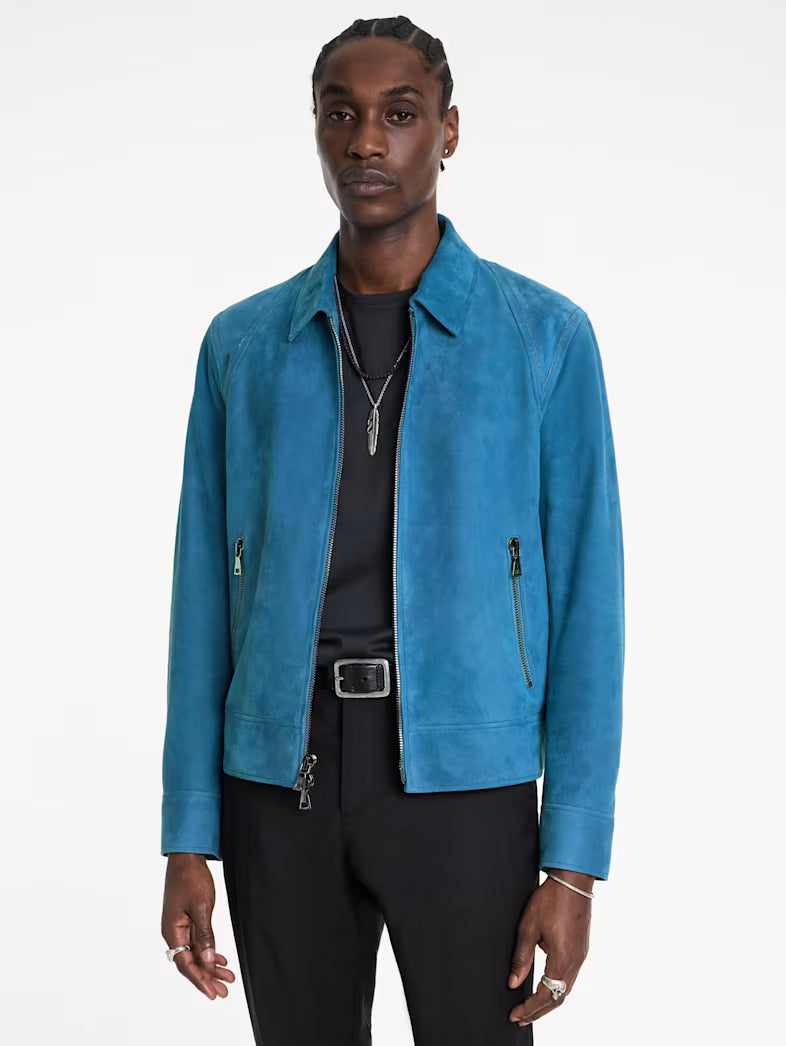 Men’s John Varvatos blue suede bomber jacket